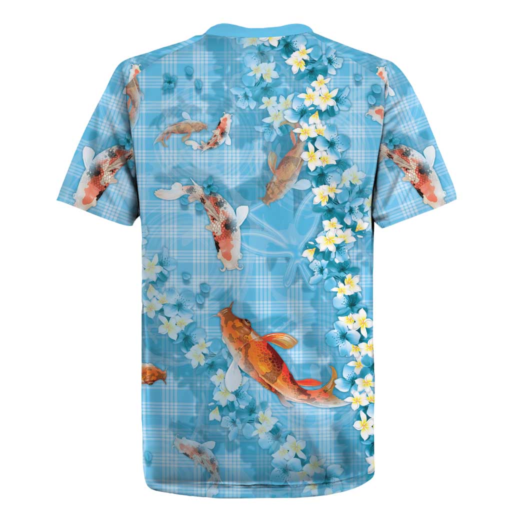 Blue Palaka Hawaiian And Japanese Rugby Jersey Sakura Lei With Koi Fish DT05 - Polynesian Pride