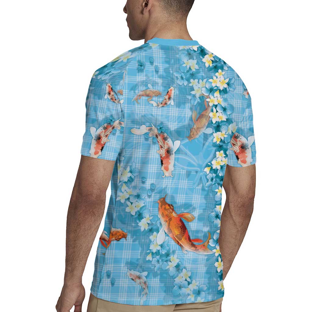 Blue Palaka Hawaiian And Japanese Rugby Jersey Sakura Lei With Koi Fish DT05 - Polynesian Pride
