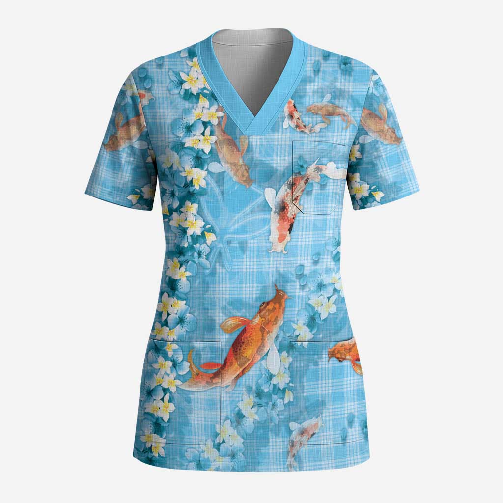 Blue Palaka Hawaiian And Japanese Scrub Top Sakura Lei With Koi Fish - Polynesian Pride