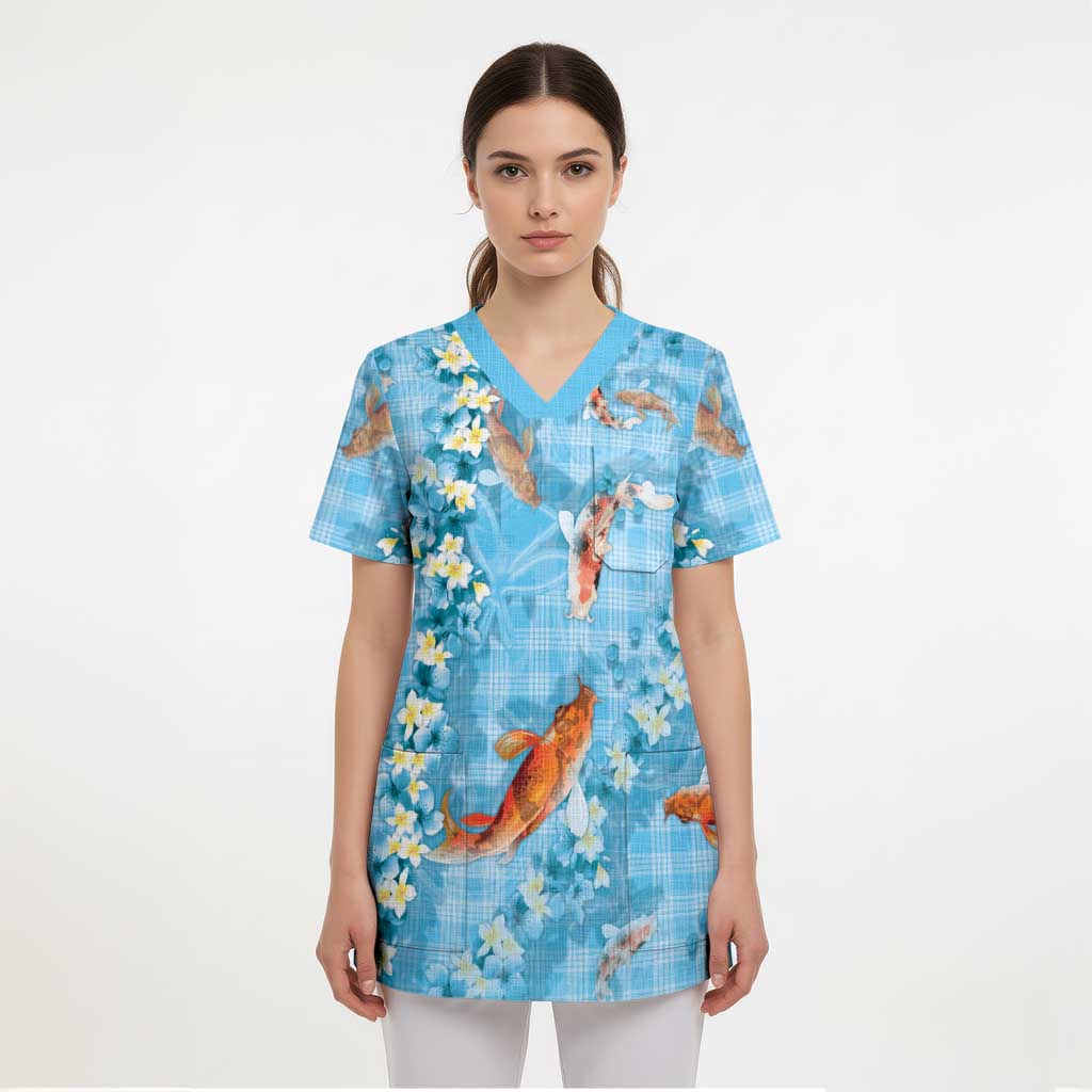 Blue Palaka Hawaiian And Japanese Scrub Top Sakura Lei With Koi Fish - Polynesian Pride