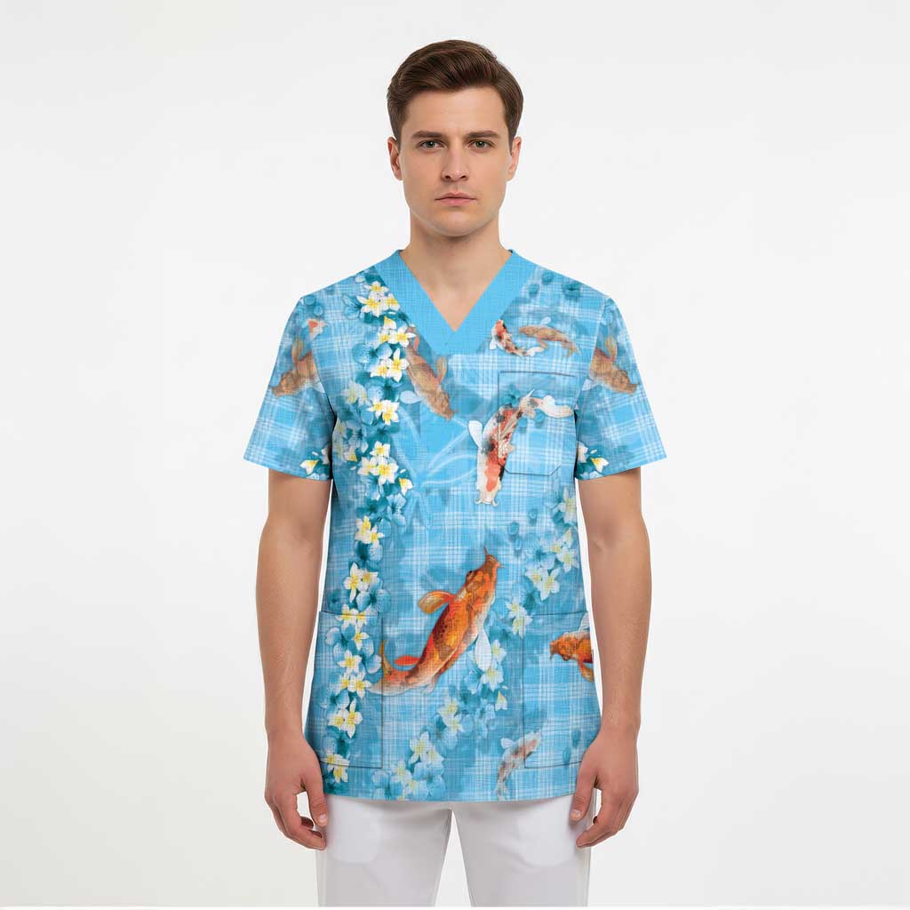 Blue Palaka Hawaiian And Japanese Scrub Top Sakura Lei With Koi Fish - Polynesian Pride