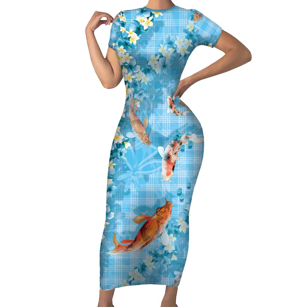 Blue Palaka Hawaiian And Japanese Short Sleeve Bodycon Dress Sakura Lei With Koi Fish DT05 Long Dress Blue - Polynesian Pride