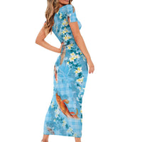 Blue Palaka Hawaiian And Japanese Short Sleeve Bodycon Dress Sakura Lei With Koi Fish DT05 - Polynesian Pride