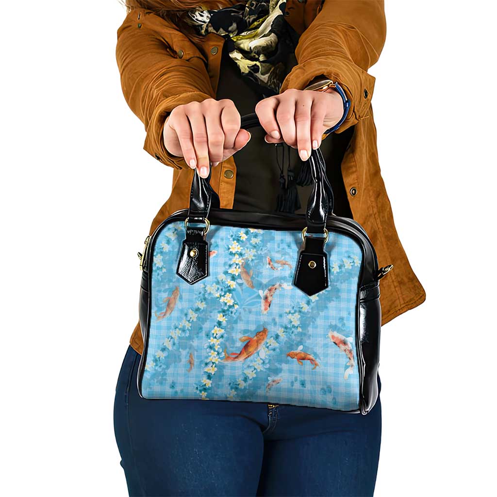 Blue Palaka Hawaiian And Japanese Shoulder Handbag Sakura Lei With Koi Fish DT05 One Size Blue - Polynesian Pride