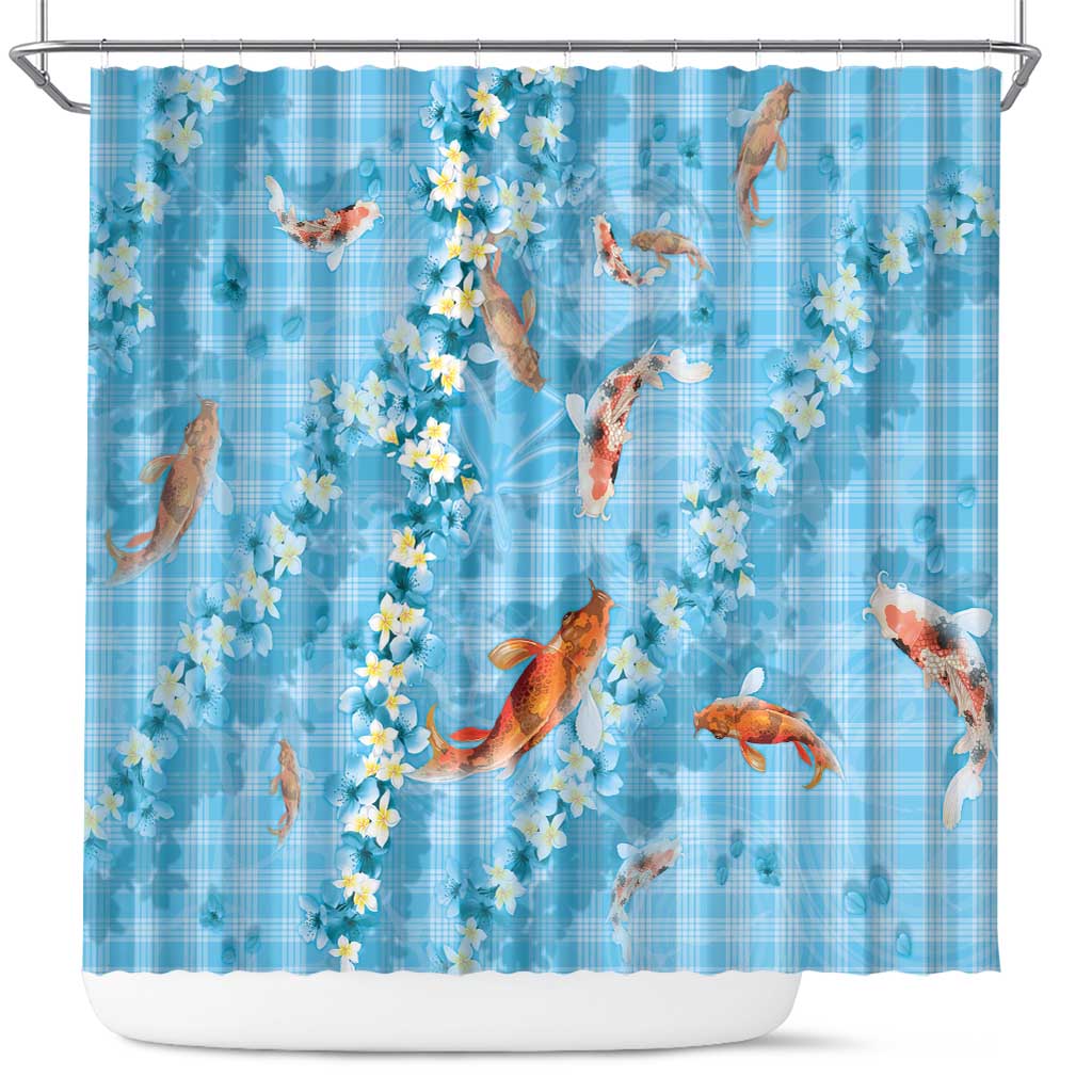 Blue Palaka Hawaiian And Japanese Shower Curtain Sakura Lei With Koi Fish DT05 Blue - Polynesian Pride