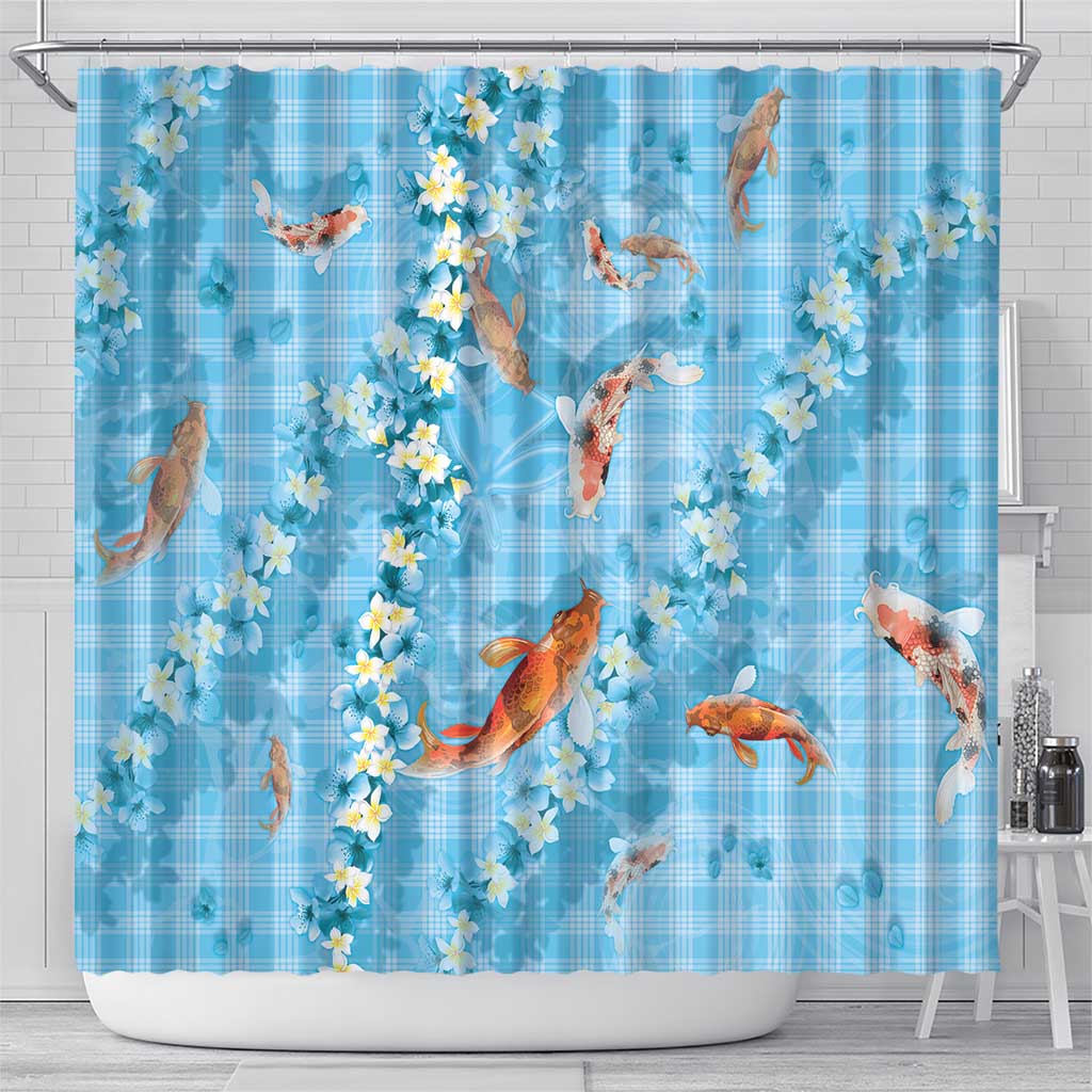 Blue Palaka Hawaiian And Japanese Shower Curtain Sakura Lei With Koi Fish DT05 - Polynesian Pride