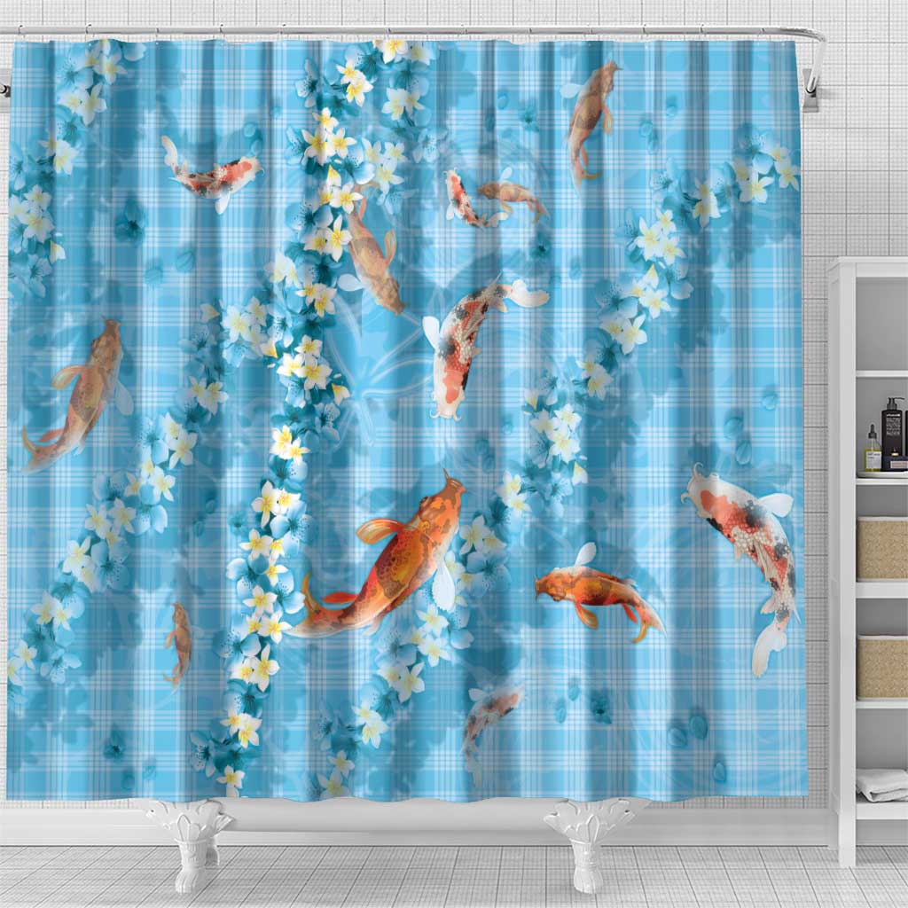 Blue Palaka Hawaiian And Japanese Shower Curtain Sakura Lei With Koi Fish DT05 - Polynesian Pride
