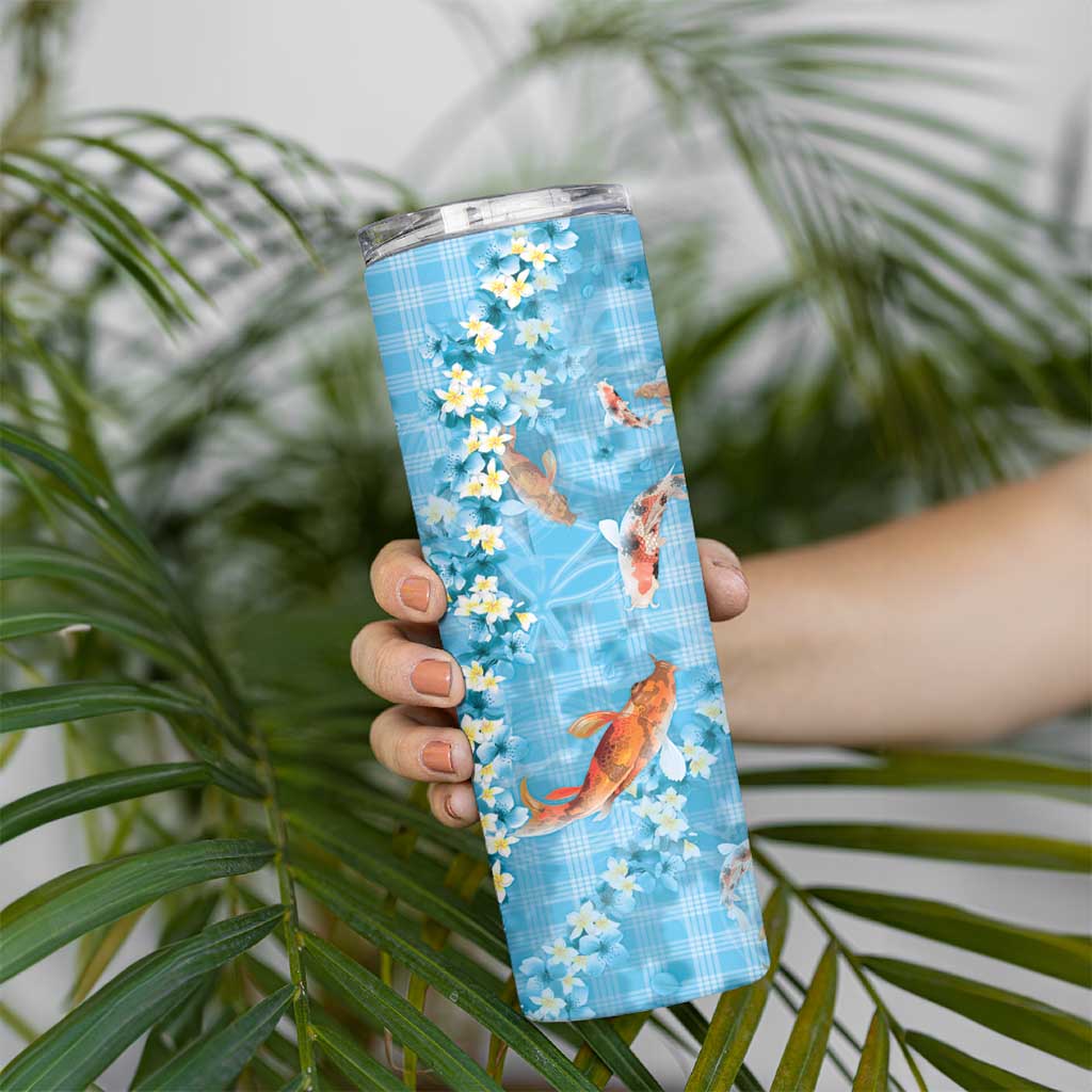 Blue Palaka Hawaiian And Japanese Skinny Tumbler Sakura Lei With Koi Fish - Polynesian Pride
