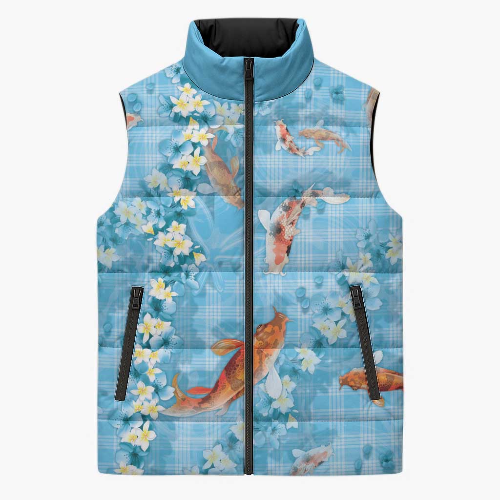 Blue Palaka Hawaiian And Japanese Sleeveless Puffer Jacket Sakura Lei With Koi Fish DT05 Unisex Blue - Polynesian Pride