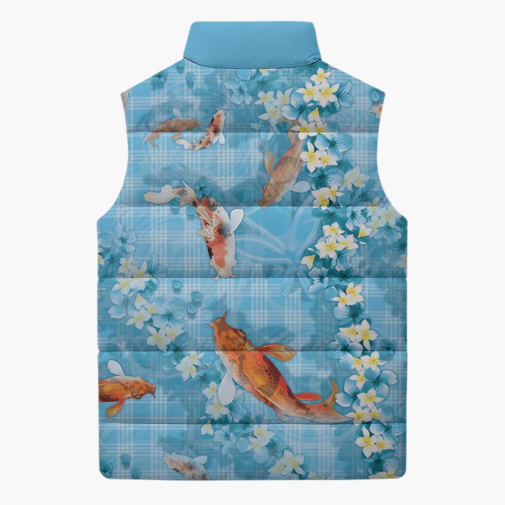 Blue Palaka Hawaiian And Japanese Sleeveless Puffer Jacket Sakura Lei With Koi Fish DT05 - Polynesian Pride