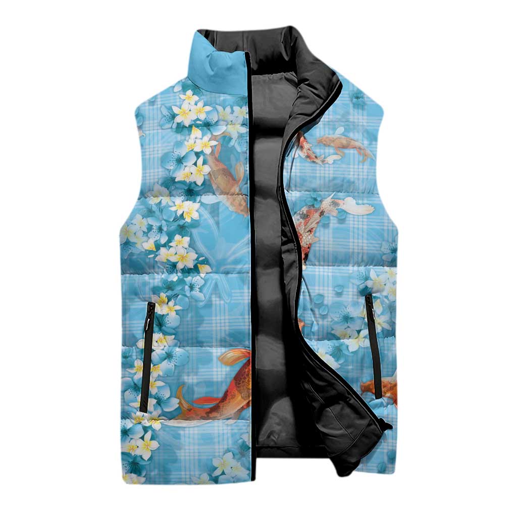 Blue Palaka Hawaiian And Japanese Sleeveless Puffer Jacket Sakura Lei With Koi Fish DT05 - Polynesian Pride