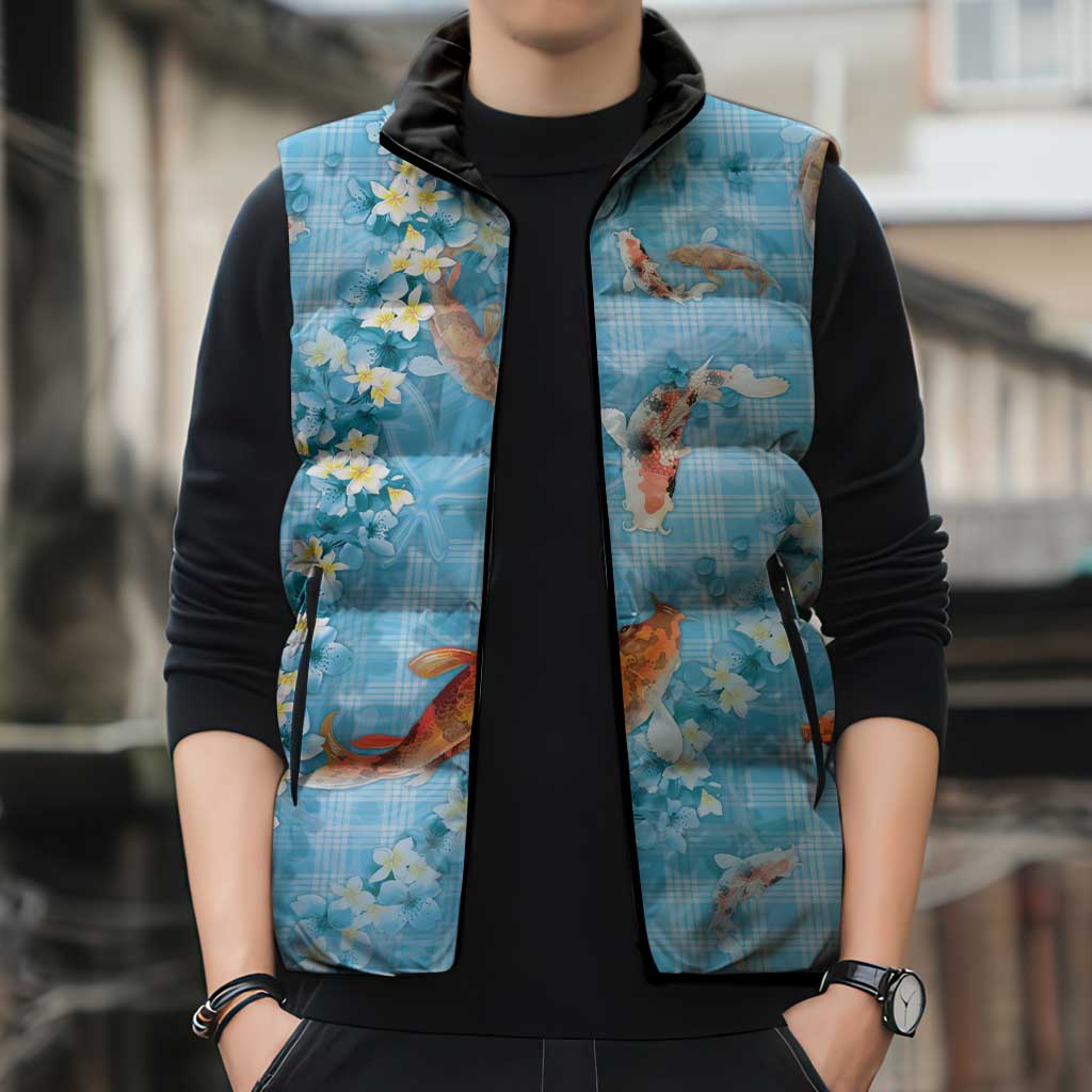 Blue Palaka Hawaiian And Japanese Sleeveless Puffer Jacket Sakura Lei With Koi Fish DT05 - Polynesian Pride