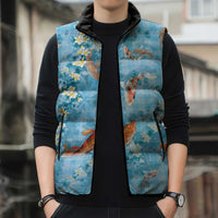 Blue Palaka Hawaiian And Japanese Sleeveless Puffer Jacket Sakura Lei With Koi Fish DT05 - Polynesian Pride