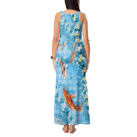 Blue Palaka Hawaiian And Japanese Tank Maxi Dress Sakura Lei With Koi Fish - Polynesian Pride