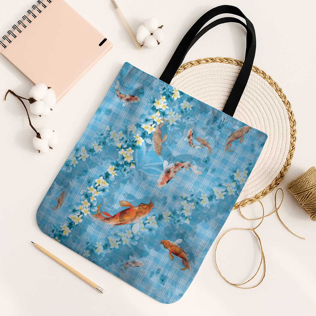 Blue Palaka Hawaiian And Japanese Tote Bag Sakura Lei With Koi Fish DT05 Black Strap One Size Blue - Polynesian Pride