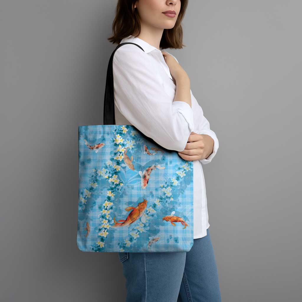 Blue Palaka Hawaiian And Japanese Tote Bag Sakura Lei With Koi Fish DT05 - Polynesian Pride