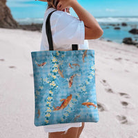 Blue Palaka Hawaiian And Japanese Tote Bag Sakura Lei With Koi Fish DT05 - Polynesian Pride