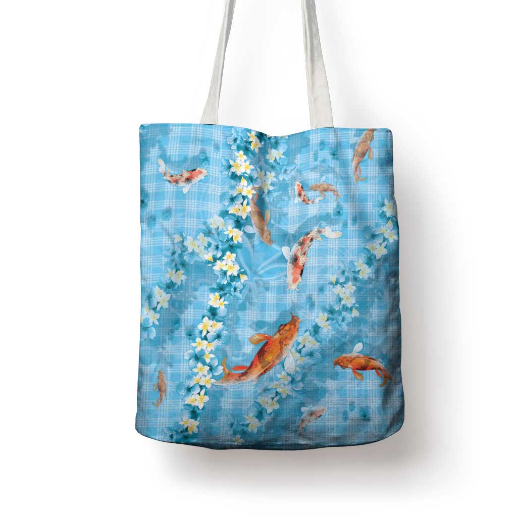 Blue Palaka Hawaiian And Japanese Tote Bag Sakura Lei With Koi Fish DT05 - Polynesian Pride