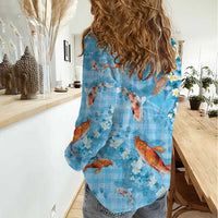 Blue Palaka Hawaiian And Japanese Women Casual Shirt Sakura Lei With Koi Fish DT05 - Polynesian Pride