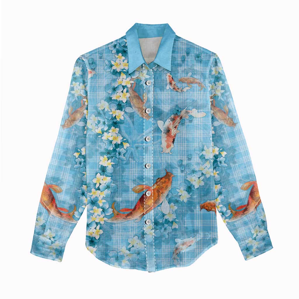 Blue Palaka Hawaiian And Japanese Women Casual Shirt Sakura Lei With Koi Fish DT05 - Polynesian Pride