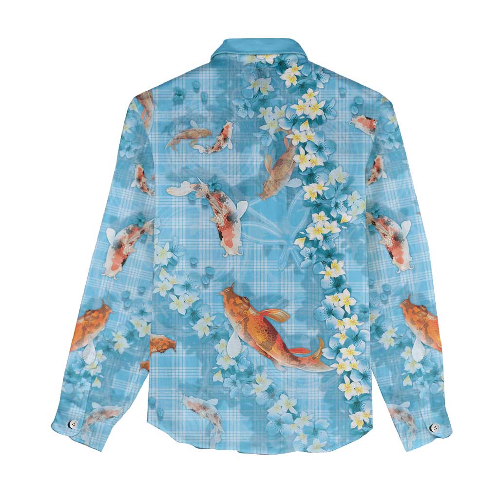 Blue Palaka Hawaiian And Japanese Women Casual Shirt Sakura Lei With Koi Fish DT05 - Polynesian Pride