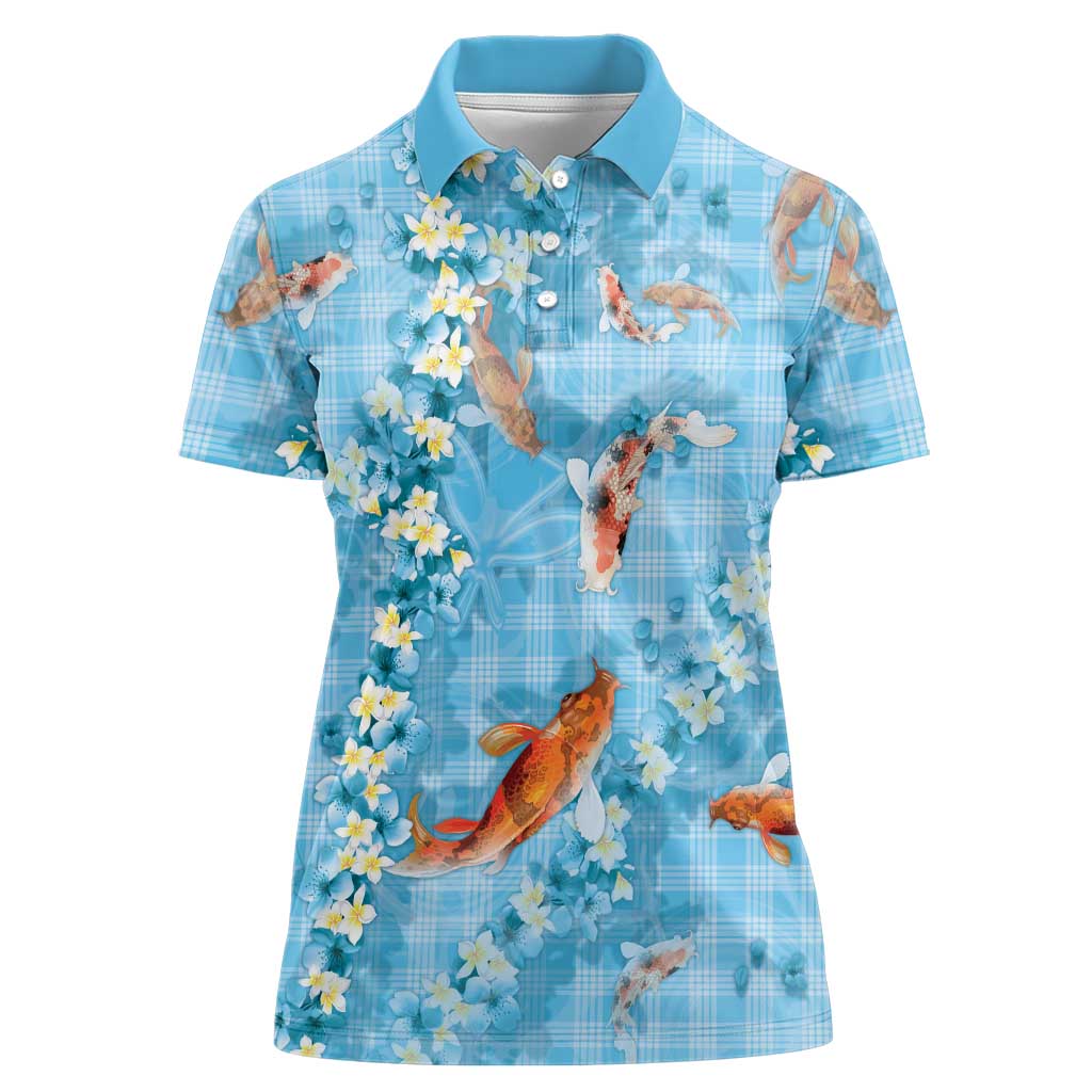 Blue Palaka Hawaiian And Japanese Women Polo Shirt Sakura Lei With Koi Fish DT05 Female Blue - Polynesian Pride