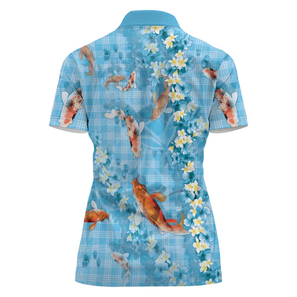 Blue Palaka Hawaiian And Japanese Women Polo Shirt Sakura Lei With Koi Fish DT05 - Polynesian Pride