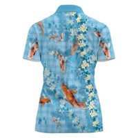 Blue Palaka Hawaiian And Japanese Women Polo Shirt Sakura Lei With Koi Fish DT05 - Polynesian Pride