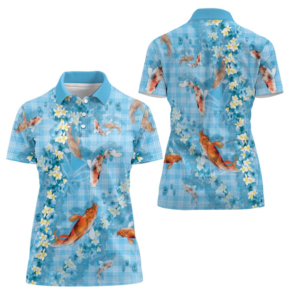 Blue Palaka Hawaiian And Japanese Women Polo Shirt Sakura Lei With Koi Fish DT05 - Polynesian Pride