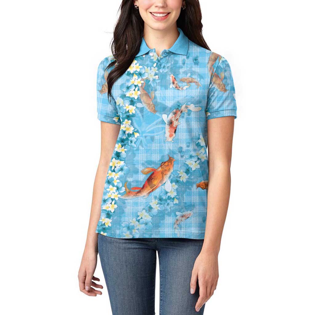 Blue Palaka Hawaiian And Japanese Women Polo Shirt Sakura Lei With Koi Fish DT05 - Polynesian Pride