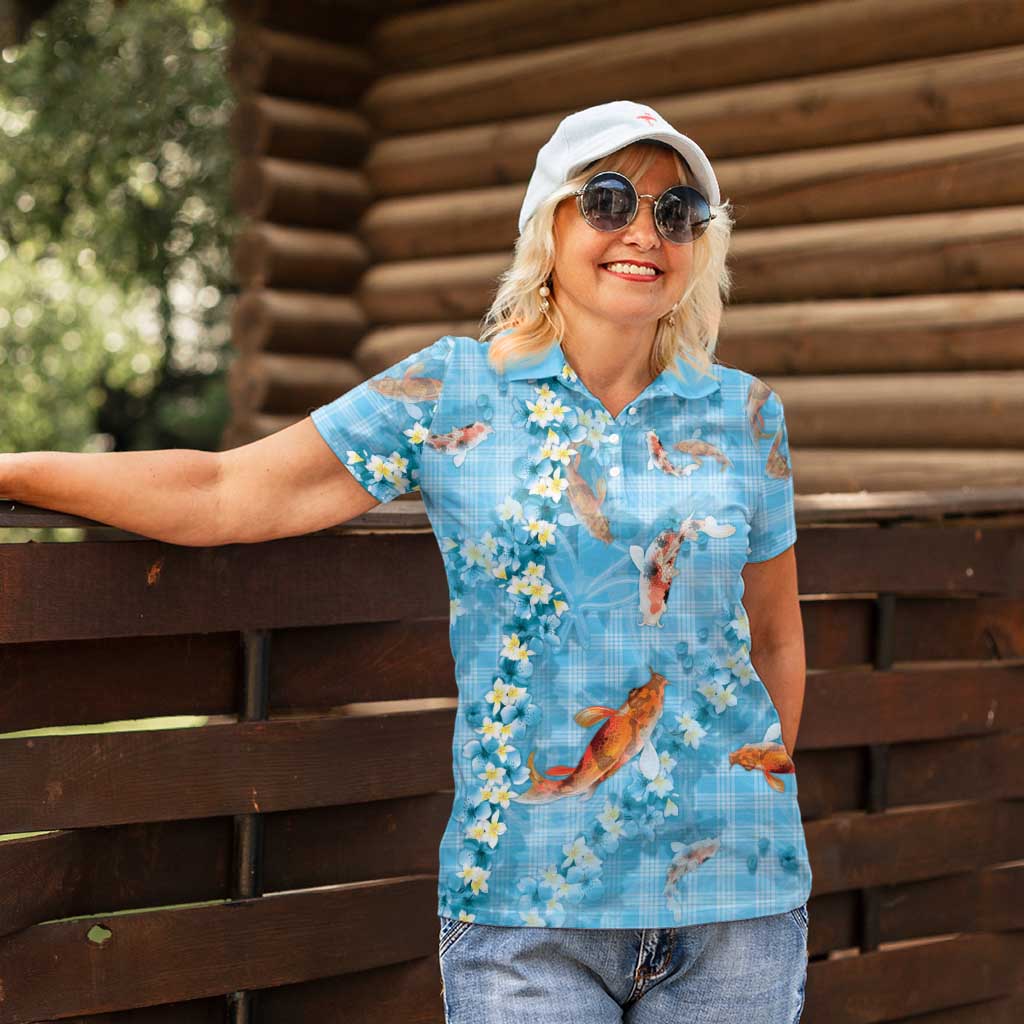 Blue Palaka Hawaiian And Japanese Women Polo Shirt Sakura Lei With Koi Fish DT05 - Polynesian Pride