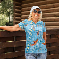 Blue Palaka Hawaiian And Japanese Women Polo Shirt Sakura Lei With Koi Fish DT05 - Polynesian Pride