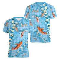 Blue Palaka Hawaiian And Japanese Women V-Neck T-Shirt Sakura Lei With Koi Fish - Polynesian Pride