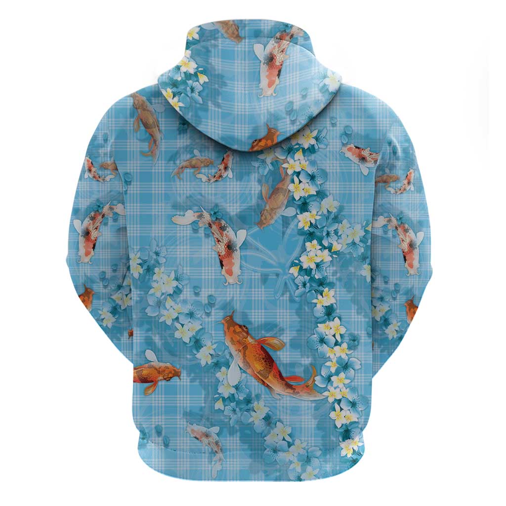 Blue Palaka Hawaiian And Japanese Zip Hoodie Sakura Lei With Koi Fish - Polynesian Pride