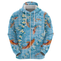 Blue Palaka Hawaiian And Japanese Zip Hoodie Sakura Lei With Koi Fish - Polynesian Pride