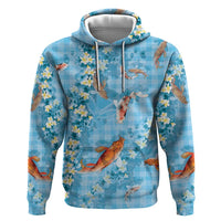Blue Palaka Hawaiian And Japanese Zip Hoodie Sakura Lei With Koi Fish - Polynesian Pride