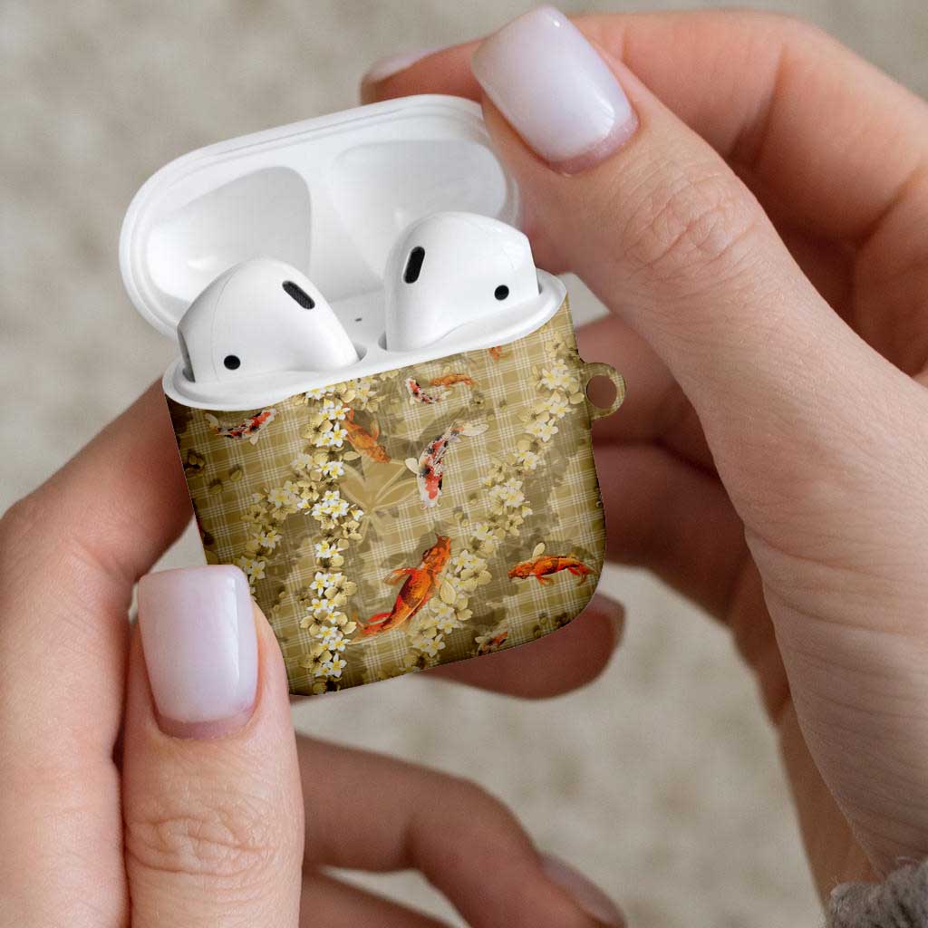 Beige Palaka Hawaiian And Japanese AirPods Case Sakura Lei With Koi Fish - Polynesian Pride