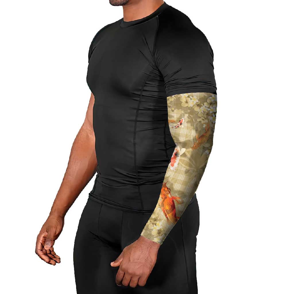 Beige Palaka Hawaiian And Japanese Arm Sleeves Sakura Lei With Koi Fish - Polynesian Pride