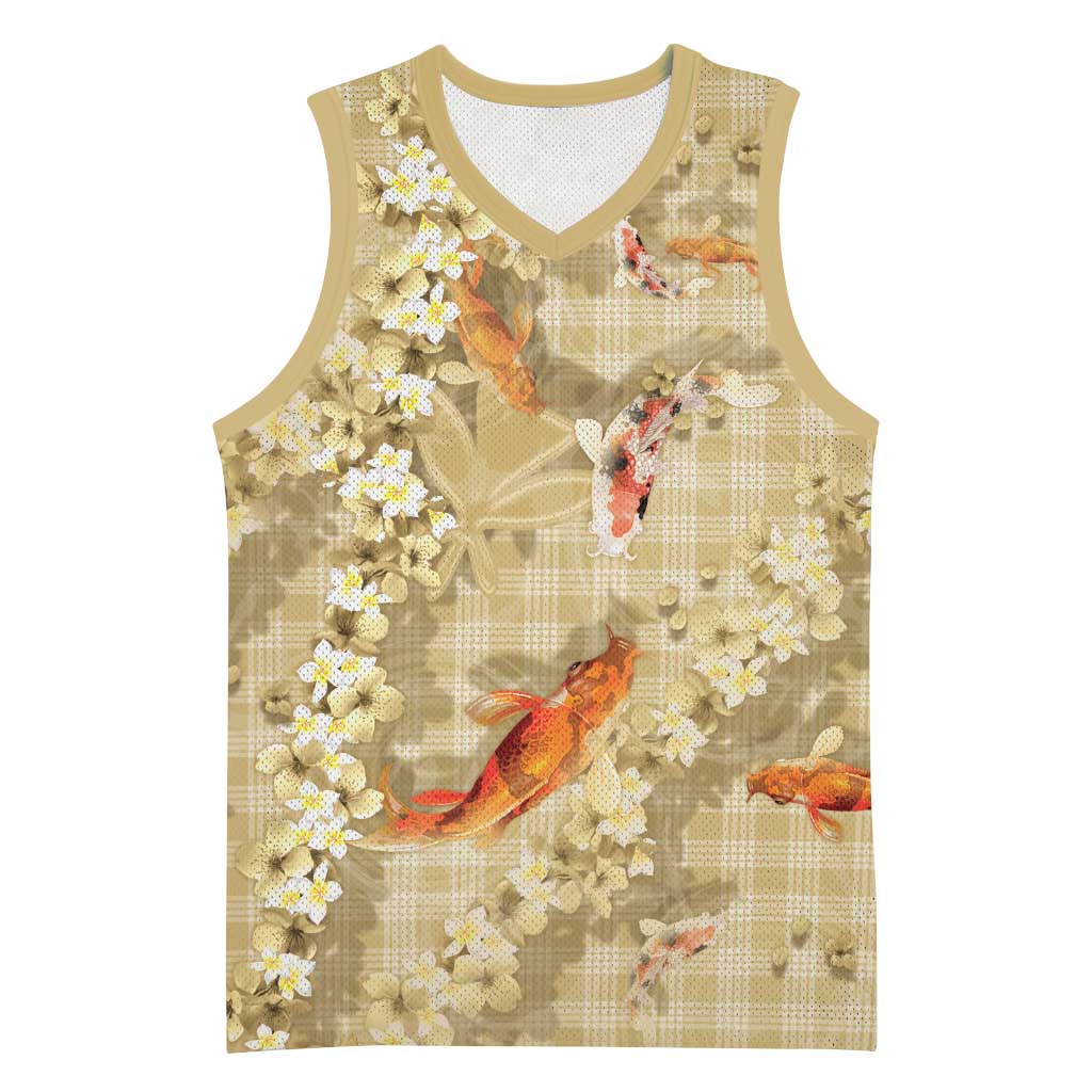 Beige Palaka Hawaiian And Japanese Basketball Jersey Sakura Lei With Koi Fish - Polynesian Pride