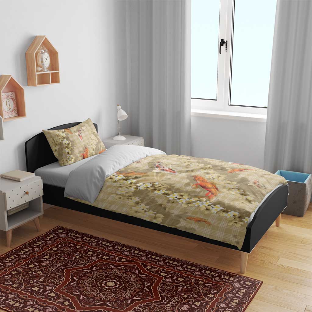 Beige Palaka Hawaiian And Japanese Bedding Set Sakura Lei With Koi Fish - Polynesian Pride
