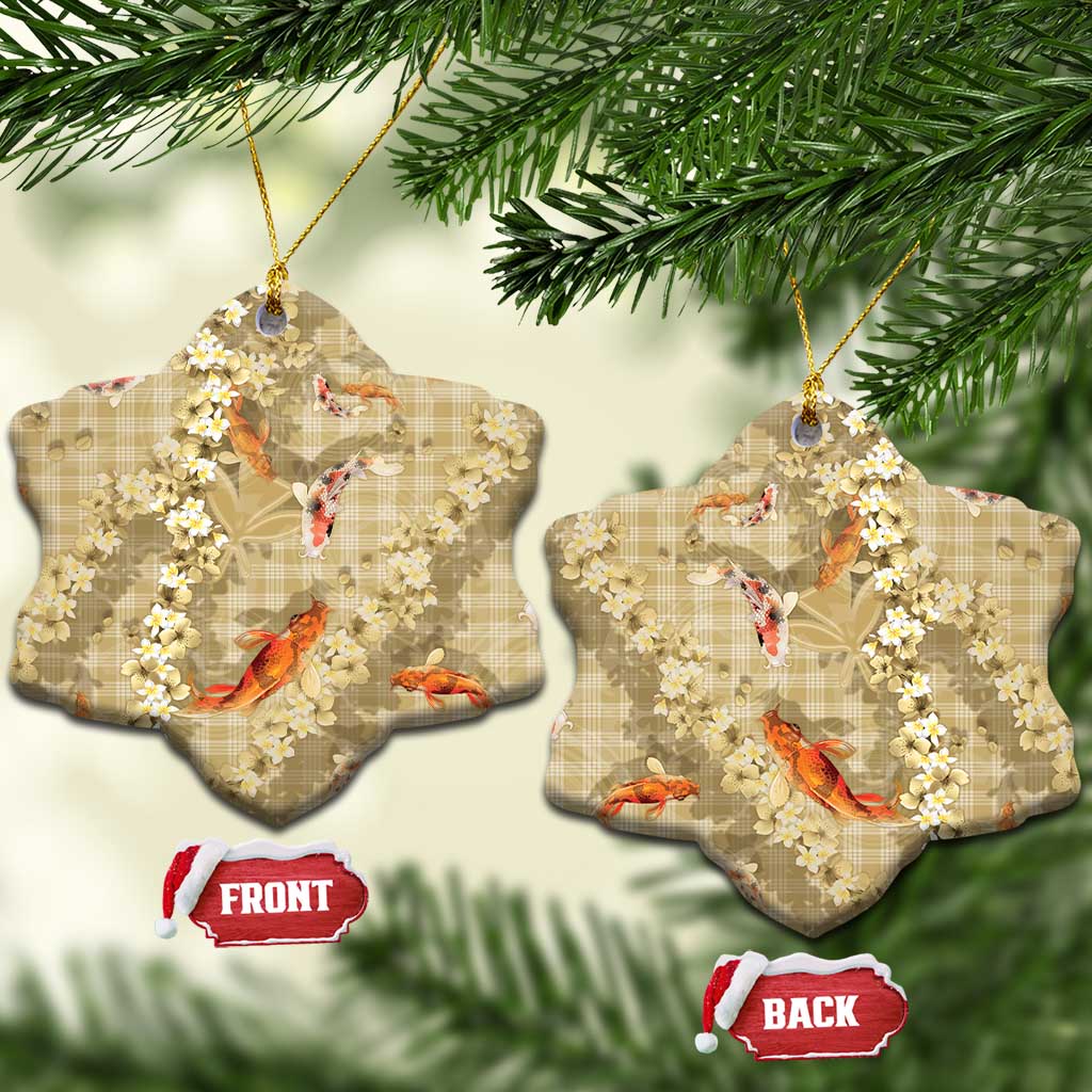 Beige Palaka Hawaiian And Japanese Ceramic Ornament Sakura Lei With Koi Fish - Polynesian Pride