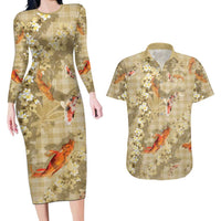 Beige Palaka Hawaiian And Japanese Couples Matching Long Sleeve Bodycon Dress and Hawaiian Shirt Sakura Lei With Koi Fish - Polynesian Pride