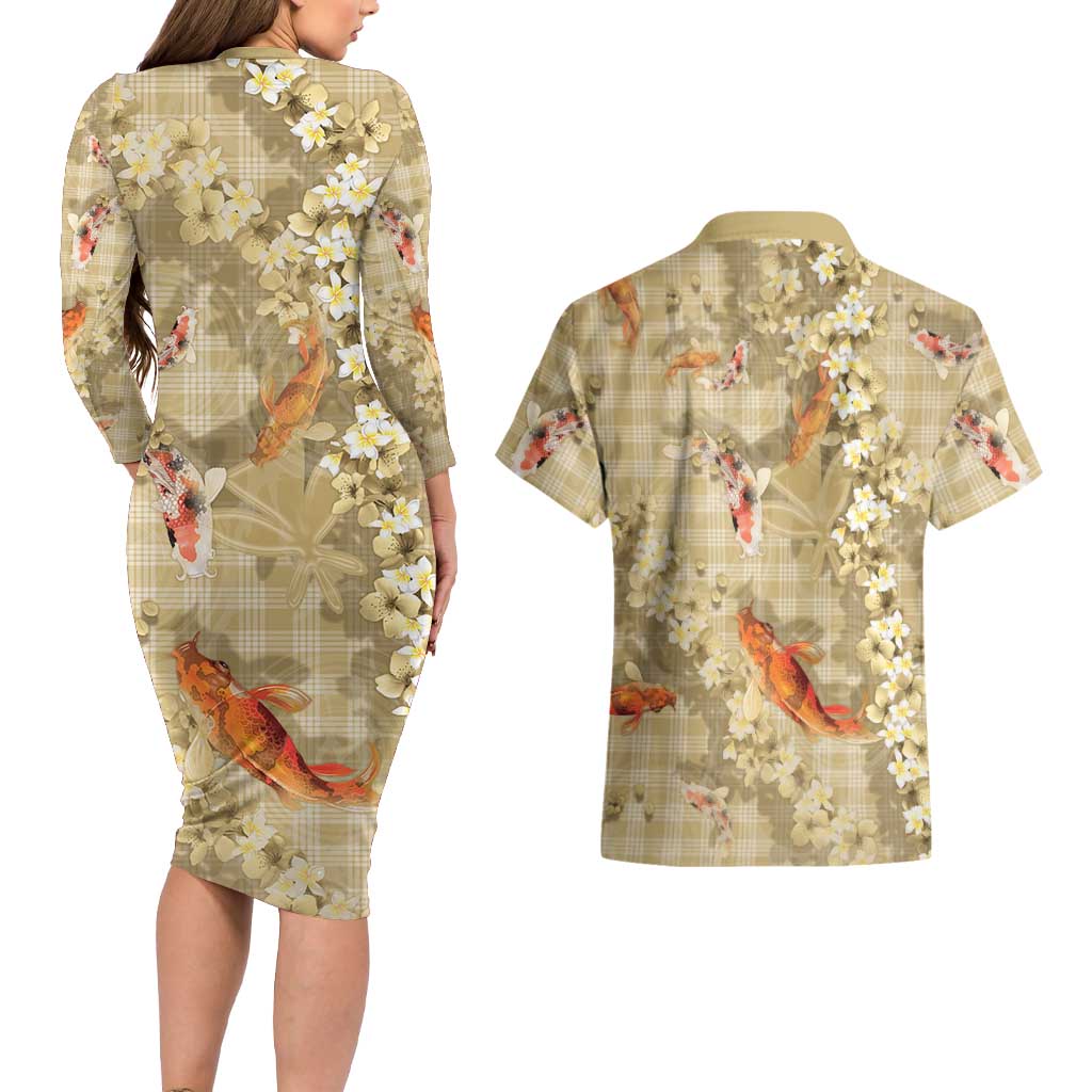Beige Palaka Hawaiian And Japanese Couples Matching Long Sleeve Bodycon Dress and Hawaiian Shirt Sakura Lei With Koi Fish - Polynesian Pride