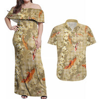 Beige Palaka Hawaiian And Japanese Couples Matching Off Shoulder Maxi Dress and Hawaiian Shirt Sakura Lei With Koi Fish - Polynesian Pride