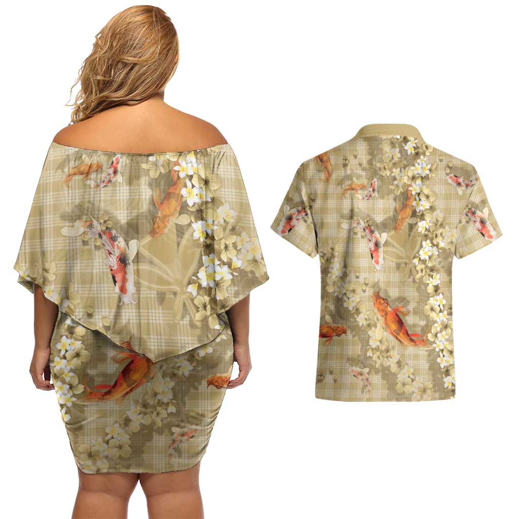 Beige Palaka Hawaiian And Japanese Couples Matching Off Shoulder Short Dress and Hawaiian Shirt Sakura Lei With Koi Fish - Polynesian Pride