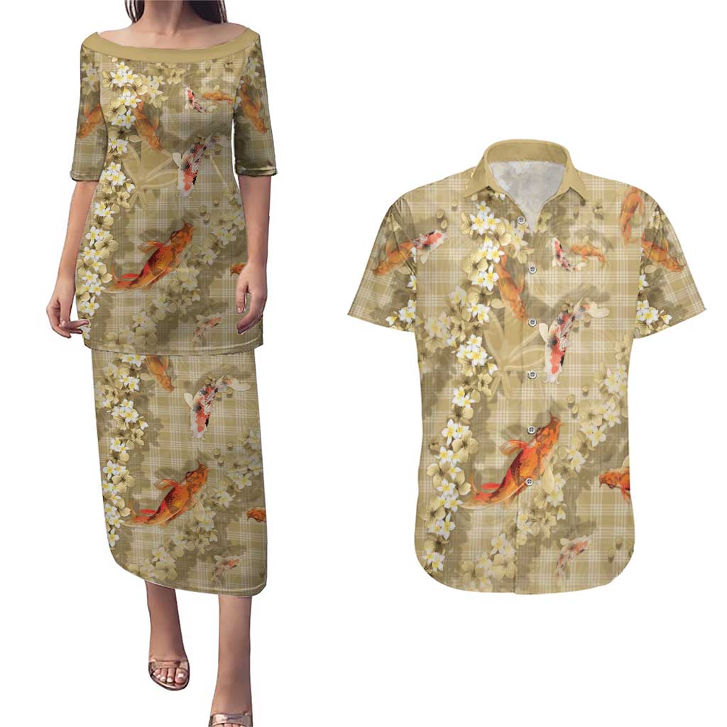 Beige Palaka Hawaiian And Japanese Couples Matching Puletasi and Hawaiian Shirt Sakura Lei With Koi Fish - Polynesian Pride