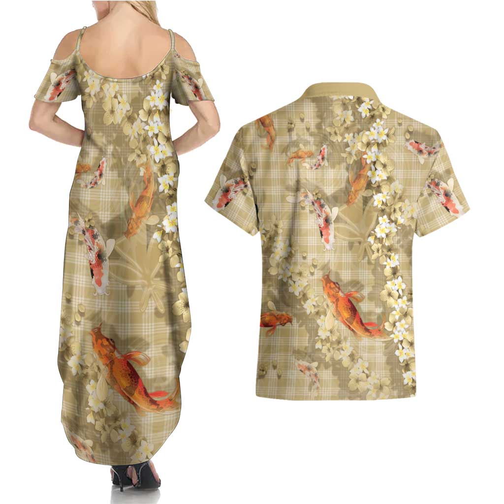 Beige Palaka Hawaiian And Japanese Couples Matching Summer Maxi Dress and Hawaiian Shirt Sakura Lei With Koi Fish - Polynesian Pride