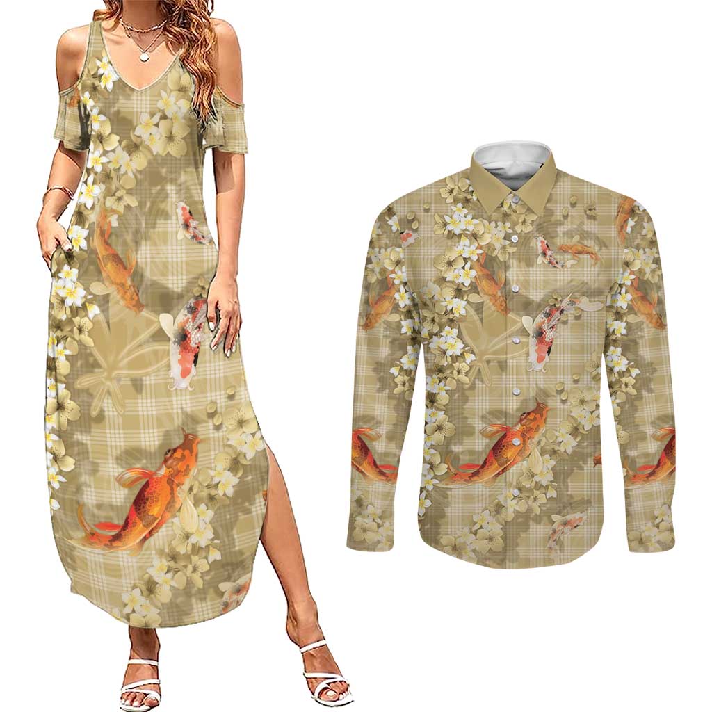 Beige Palaka Hawaiian And Japanese Couples Matching Summer Maxi Dress and Long Sleeve Button Shirt Sakura Lei With Koi Fish - Polynesian Pride