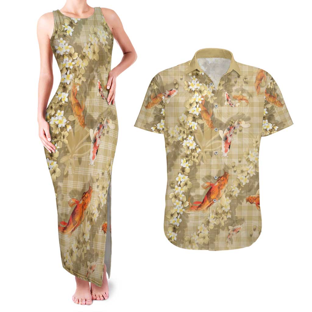 Beige Palaka Hawaiian And Japanese Couples Matching Tank Maxi Dress and Hawaiian Shirt Sakura Lei With Koi Fish - Polynesian Pride