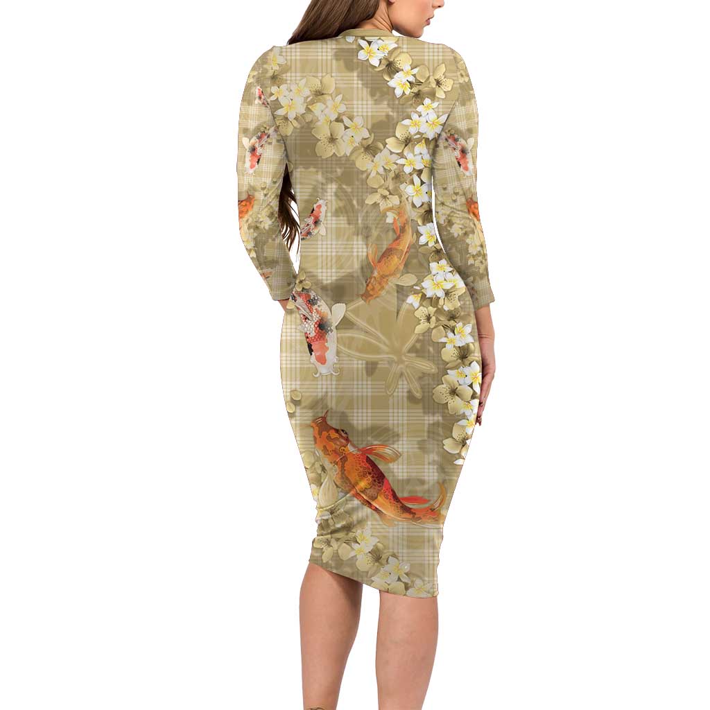 Beige Palaka Hawaiian And Japanese Family Matching Long Sleeve Bodycon Dress and Hawaiian Shirt Sakura Lei With Koi Fish - Polynesian Pride